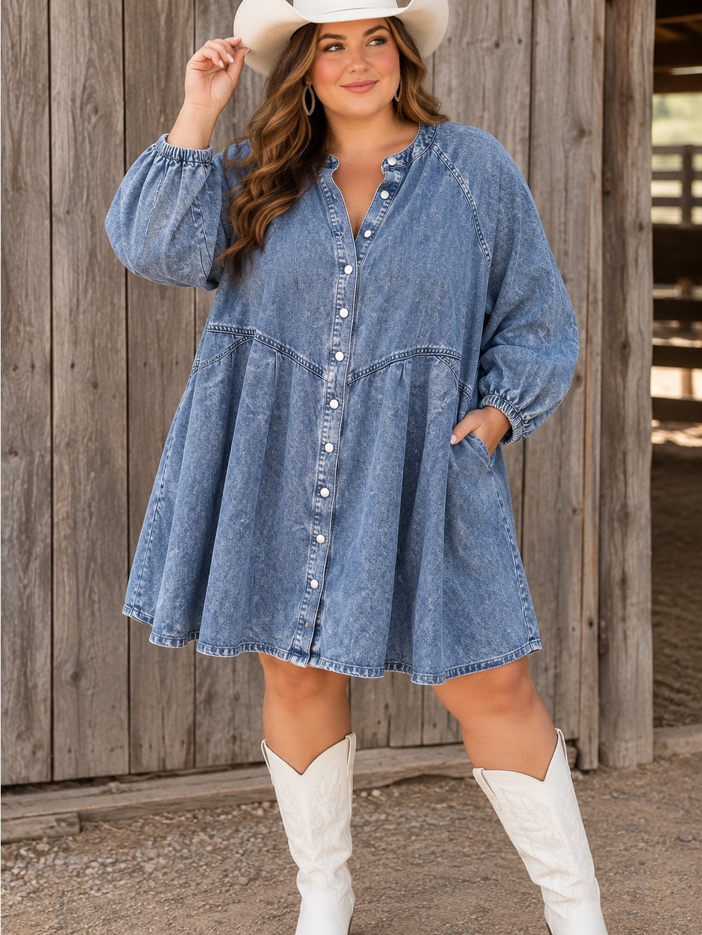 100% Cotton Light Washed Blue Long Sleeve Denim Dress